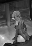  1girl absurdres ass bangs braid breasts from_behind greyscale highres hiiragi_shinoa large_breasts long_hair looking_at_viewer looking_back monochrome owari_no_seraph red_eyes rou_(rou22) sitting solo swimsuit thighhighs thighs wet 