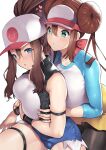  2girls arm_strap arm_under_breasts baseball_cap black_legwear black_vest blue_eyes blue_sleeves blush breast_grab breast_hold breast_press breasts brown_hair commentary cutoffs denim denim_shorts double_bun dress grabbing grabbing_from_behind hair_between_eyes hat heart high_ponytail hilda_(pokemon) large_breasts long_hair looking_at_another multiple_girls nagase_haruhito open_clothes open_mouth open_vest pantyhose pokemon pokemon_(game) pokemon_bw pokemon_bw2 raglan_sleeves rosa_(pokemon) shirt short_dress shorts simple_background symbol-only_commentary thigh_strap twintails vest visor_cap white_background white_shirt wristband yellow_shorts yuri 