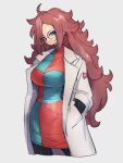 1girl android_21 blue_eyes breasts checkered_clothes checkered_dress closed_mouth dragon_ball dragon_ball_fighterz dress earrings glasses grey_background hand_in_pocket hoop_earrings jewelry kemachiku labcoat large_breasts long_hair looking_at_viewer pantyhose red_hair simple_background smile solo 