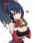  1girl bangs black_hair blue_eyes blush breasts christmas cleavage commentary gift hair_ornament hair_ribbon heart highres holding large_breasts leona_heidern long_hair looking_at_viewer open_mouth ponytail rang_go ribbon santa_costume simple_background solo the_king_of_fighters white_background 