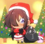  1girl artist_self-insert bag bangs black_footwear black_hair blue_eyes bow bunny christmas christmas_tree closed_mouth commentary dark-skinned_female dark_skin dress full_body girls_und_panzer hair_bow hair_over_one_eye hat highres holding holding_bag jinguu_(4839ms) long_hair long_sleeves looking_at_viewer ogin_(girls_und_panzer) over_shoulder ponytail red_bow red_dress santa_dress santa_hat shadow shoes smile solo standing v-shaped_eyebrows younger 