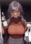  1girl alcohol aran_sweater bag beige_pants black_hair bottle breasts brown_eyes christmas_tree_hair_ornament condom_box door door_handle glasses hair_ornament herio highres jacket large_breasts looking_at_viewer mole open_mouth original plastic_bag red_sweater smile snow solo sweater 