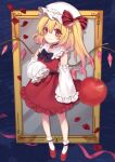  1girl alternate_costume apple arm_at_side bangs black_bow black_bowtie black_choker blonde_hair blush bow bowtie choker closed_mouth commentary_request crystal dress eyelashes flandre_scarlet food frilled_shirt_collar frilled_sleeves frills fruit full_body hat hat_bow heart highres kyouda_suzuka long_sleeves looking_at_viewer mob_cap one_side_up petals photo_frame red_bow red_dress red_footwear rose_petals short_hair short_hair_with_long_locks side_ponytail smile socks solo standing striped striped_bow touhou white_headwear white_legwear wings 