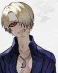  1boy blonde_hair chibisuke cigarette clenched_teeth facial_hair glasses hair_over_one_eye jewelry looking_to_the_side male_focus necklace one_piece open_clothes open_shirt sanji smoking solo teeth 
