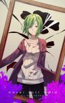  1girl black_eyes black_pants flower framed green_hair highres jacket kagerou_project kido_tsubomi mazumaro older pants shissou_word_(vocaloid) short_hair smile solo sweater 