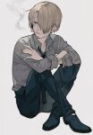  1boy black_pants blonde_hair blue_eyes chibisuke cigarette crossed_arms facial_hair hair_over_one_eye looking_to_the_side male_focus muted_color one_piece pants sanji simple_background sitting sleeves_rolled_up smoking solo 
