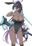  1girl animal_ears anti-materiel_rifle aqua_bow aqua_bowtie bangs bare_shoulders black_hair black_leotard blue_archive blush bolt_action bow bowtie boys_anti_tank_rifle breasts cleavage closed_mouth commentary_request dark-skinned_female dark_skin detached_collar fake_animal_ears fishnet_legwear fishnets gloves gun halo karin_(blue_archive) kikunosukemaru large_breasts leotard long_hair looking_at_viewer multicolored_hair over_shoulder pantyhose playboy_bunny ponytail purple_hair revision ribbon rifle simple_background sniper_rifle solo sweat very_long_hair weapon weapon_over_shoulder white_background white_gloves wrist_cuffs yellow_eyes 