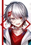  1boy blood close-up commentary_request evil_eyes eyebrows_visible_through_hair hair_between_eyes hair_ornament hairclip highres looking_at_viewer male_focus nixtutyannh original smile teeth tongue tongue_out white_hair 