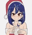  1girl bare_shoulders blue_hair blush brown_eyes closed_mouth collarbone cum cup drinking_glass eyebrows_visible_through_hair facial flip_flappers hair_ornament hairclip hat holding holding_cup kokomine_cocona looking_at_viewer pubic_hair red_headwear santa_costume santa_hat short_hair smile solo upper_body young_savage 