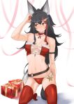  1girl 3: absurdres animal_ear_fluff animal_ears arm_strap arm_up armpits bare_arms bare_shoulders bikini black_hair blush bow bowtie box breasts cleavage closed_mouth collarbone embarrassed frown full_body fur-trimmed_bikini fur_trim gift gift_box highres hololive kneehighs kneeling long_hair looking_away looking_to_the_side medium_breasts micon multicolored_hair ookami_mio red_bikini red_bow red_bowtie red_hair red_legwear santa_bikini side-tie_bikini sidelocks simple_background solo strapless strapless_bikini streaked_hair swimsuit tail thighhighs two-tone_hair virtual_youtuber white_background wolf_ears wolf_girl wolf_tail yellow_eyes 