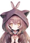  1girl animal_hood brown_hair cat_hood food fruit hair_ornament hairclip highres holding holding_food holding_fruit hololive hololive_english hood long_hair looking_at_viewer megts0331 nanashi_mumei solo upper_body virtual_youtuber yellow_eyes 