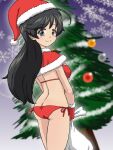  1girl ahoge alternate_costume ass back bangs bell bikini black_eyes black_hair blue_background blurry blurry_background breasts butt_crack capelet christmas christmas_ornaments christmas_tree closed_mouth commentary cowboy_shot depth_of_field eyebrows_visible_through_hair from_behind fur-trimmed_capelet fur_trim garland_(decoration) girls_und_panzer gloves halterneck hat holding holding_sack holly isuzu_hana jingle_bell light_blush long_hair looking_at_viewer looking_back medium_breasts red_bikini red_capelet red_gloves red_headwear sack santa_bikini santa_gloves santa_hat side-tie_bikini smile snowflake_background solo standing swimsuit takahashi_kurage 