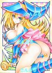  1girl ass bare_shoulders blonde_hair blue_footwear blue_headwear blush blush_stickers breasts cleavage closed_mouth dark_magician_girl duel_monster flipped_hair from_side green_eyes hair_between_eyes hat large_breasts long_hair looking_at_viewer looking_to_the_side marker_(medium) pentacle revealing_clothes solo thighs traditional_media wand wizard_hat yqgkg yu-gi-oh! 