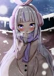  1girl absurdres bangs blush breath brown_coat coat commentary_request earmuffs eyebrows_visible_through_hair fringe_trim hair_ribbon hand_up highres jiu_(sdesd3205) long_hair long_sleeves multicolored_hair original pink_ribbon purple_eyes purple_scarf ribbon scarf sleeves_past_wrists snow snowing solo streaked_hair v-shaped_eyebrows very_long_hair water white_hair 