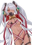  0.7_(aysatnegr) 1girl bell bikini black_bikini black_choker black_gloves black_ribbon blue_archive blush bound bound_wrists bow breasts capelet choker clenched_teeth dark-skinned_female dark_skin fur-trimmed_capelet fur_trim gloves hair_over_one_eye hair_ribbon iori_(blue_archive) long_hair looking_at_viewer navel own_hands_together parted_lips pointy_ears red_capelet red_eyes ribbon side-tie_bikini silver_hair small_breasts solo stomach sweat swimsuit teeth thigh_strap twintails v-shaped_eyebrows very_long_hair yellow_bow 