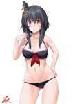  1girl artist_name ass_visible_through_thighs bikini black_bikini black_hair breasts cleavage commentary_request cowboy_shot hair_ornament highres kantai_collection large_breasts red_eyes short_hair short_hair_with_long_locks simple_background solo standing swimsuit t2r white_background yamashiro_(kancolle) 