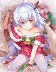  1girl ahoge antlers azur_lane bangs bare_shoulders blanket bow candy candy_cane capelet christmas christmas_tree collarbone commentary_request dress enim eyebrows_visible_through_hair food fur-trimmed_capelet fur_trim green_bow hair_bow head_tilt heterochromia highres indoors long_hair looking_at_viewer mole mole_under_eye nicholas_(azur_lane) nicholas_(surprise!?)_(azur_lane) no_shoes off_shoulder official_alternate_costume open_mouth pantyhose red_capelet red_dress red_eyes reindeer_antlers silver_hair sitting solo very_long_hair wariza white_legwear yellow_eyes 