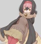  1girl :d absurdres bangs bird_tail black_hair blush brown_sweater commentary_request dodo_(kemono_friends) empty_eyes eyebrows_visible_through_hair fur_collar fur_trim grey_background hair_between_eyes hairband highres hood hood_down kemono_friends long_sleeves looking_down multicolored_hair notora open_mouth pantyhose pink_hair pleated_skirt poncho red_hairband red_legwear shirt short_hair skirt smile solo sweater tail wide_sleeves yellow_eyes 