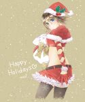  1girl akzk_kh alternate_costume belt blue_eyes breasts brown_hair christmas closed_mouth final_fantasy final_fantasy_x final_fantasy_x-2 green_eyes happy_holidays hat heart heterochromia highres looking_at_viewer santa_hat short_hair simple_background skirt solo thighhighs yuna_(ff10) 