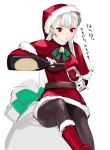  1girl albino alcohol belt black_legwear bottle capcom_fighting_jam commentary_request cup drinking_glass hairpods hat highres ingrid_(capcom) long_hair multicolored_ribbon pantyhose pouring red_eyes red_footwear red_wine ribbon sack santa_costume santa_hat solo tetsu_(kimuchi) translation_request white_hair wine wine_bottle wine_glass 