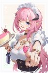  1girl ;d artist_name asc11 black_choker blush border bracelet breasts cake choker cleavage corset cropped_torso elysia_(honkai_impact) flower food food_on_hand highres holding holding_tray honkai_(series) honkai_impact_3rd horns jewelry large_breasts long_hair looking_at_viewer maid_headdress necklace one_eye_closed open_mouth outside_border outstretched_arm pink_hair pointy_ears pov short_sleeves simple_background smile solo tray underbust upper_body very_long_hair white_border white_flower yellow_background 