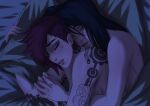  2girls arcane:_league_of_legends arm_tattoo caitlyn_(league_of_legends) cuddling eyebrow_cut hand_grab highres hug hug_from_behind league_of_legends long_hair lying multiple_girls nose_piercing okonomiyaky_art piercing scar scar_on_face scar_on_mouth short_hair sleeping tattoo topless vi_(league_of_legends) yuri 