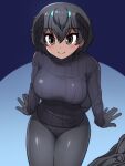  1girl bangs black_cape black_gloves black_hair black_legwear black_sweater blue_eyes blush bow breasts cape cape_removed commentary_request cowboy_shot dark-skinned_female dark_skin eyebrows_visible_through_hair from_above gloves hair_between_eyes head_wings kemono_friends looking_at_viewer ribbed_sweater short_hair sitting smile solo superb_bird-of-paradise_(kemono_friends) sweater tail totokichi turtleneck turtleneck_sweater 