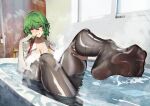  1girl :q bangs bath bathtub black_legwear blush breasts bubble_bath collarbone collared_shirt commentary_request day dripping feet finger_to_mouth fingernails foot_up green_hair hair_between_eyes half-closed_eyes hand_on_own_thigh hand_to_own_mouth hand_up head_tilt indoors kazami_yuuka kikimifukuri knee_up large_breasts leg_hold licking_lips looking_at_viewer medium_hair nail_polish naughty_face no_pants nose_blush open_clothes open_shirt pantyhose partially_submerged plaid plaid_vest red_eyes red_nails red_vest reward_available shiny shiny_clothes shirt sitting smile soap_bubbles soles solo steam toes tongue tongue_out touhou undone_necktie vest water wet wet_clothes wet_face wet_legwear wet_shirt white_shirt window yellow_neckwear 