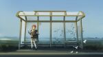  1girl bag bangs bird black_eyes breasts bus_stop city danzir grass handbag highres holding horizon lake large_breasts looking_away medium_hair original red_hair scenery shoes shorts sidewalk sky socks solo standing thighs white_legwear 