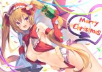  1girl bare_shoulders breasts bucchake_(asami) center_opening christmas cleavage confetti cowboy_shot dutch_angle eyebrows_visible_through_hair fang gift gloves headband large_breasts long_hair looking_at_viewer merry_christmas navel open_mouth orange_eyes orange_hair original red_gloves sack slingshot_swimsuit smile solo swimsuit twintails very_long_hair 