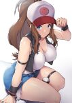  1girl arm_strap arm_up baseball_cap black_vest blue_eyes breasts brown_hair cleavage closed_mouth commentary cutoffs denim denim_shorts hand_on_headwear hat high_ponytail highres hilda_(pokemon) large_breasts long_hair looking_at_viewer nagase_haruhito poke_ball pokemon pokemon_(game) pokemon_bw ponytail shirt short_shorts shorts sidelocks simple_background sitting skindentation sleeveless sleeveless_shirt solo symbol-only_commentary thigh_strap thighhighs vest white_background white_shirt wristband 