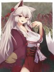  1girl :d animal_ears bangs breasts brown_eyes commentary_request eyebrows_visible_through_hair flower flower_knight_girl fox_ears fox_girl fox_tail grey_hair hair_ornament higanbana_(flower_knight_girl) highres japanese_clothes kimono long_hair looking_at_viewer obi sash sidelocks smile solo tail very_long_hair yonaga 