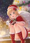  1girl bangs blonde_hair blue_eyes blush boots botan_m christmas christmas_tree flower hair_flower hair_ornament hat highres long_hair looking_at_viewer night night_sky open_mouth original santa_costume santa_hat sitting sky smile snow solo thighs 