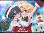  2girls :3 alternate_costume animal_ears bare_shoulders bell black_hair black_mittens blonde_hair blue_eyes blush bow bowtie capelet cat_ears cat_girl cat_tail christmas commentary_request dress extra_ears eyebrows_visible_through_hair fang fur_collar fur_trim gift green_bow green_bowtie hat highres kaban_(kemono_friends) kemono_friends lucky_beast_(kemono_friends) merry_christmas multiple_girls neck_bell open_mouth ransusan red_capelet red_dress red_mittens santa_costume santa_hat serval_(kemono_friends) short_hair sleeveless smile strapless strapless_dress tail white_bow white_bowtie white_fur yellow_eyes 