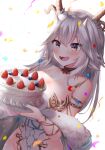  1girl :d animal_ears armlet bangs blue_nails blush bracelet breasts cake commentary confetti dutch_angle earrings english_commentary eyebrows_visible_through_hair fang food fruit fur_trim highres holding holding_plate horns jewelry keipup large_breasts leotard long_hair multiple_horns plate purple_eyes silver_hair skin_fang smile solo strapless strapless_leotard strawberry teeth thighhighs upper_body upper_teeth vei_(vtuber) virtual_youtuber vshojo white_background white_leotard 