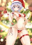  1girl absurdres bangs bikini blue_eyes blurry blurry_background bow braid breasts christmas_tree cleavage closed_mouth covered_nipples eyebrows_visible_through_hair gift hair_bow hand_on_hip hat highres holding holding_gift izayoi_sakuya leg_strap looking_at_viewer navel red_bow red_headwear reijing_etrn santa_bikini santa_hat short_hair side_braids small_breasts smile solo standing swimsuit thighhighs touhou twin_braids wrist_cuffs 