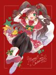  1girl 2021 ;d absurdres bell bell_earrings boots box bracelet brown_hair capelet earrings eyebrows_visible_through_hair folded_leg frilled_capelet frills full_body fur-trimmed_boots fur-trimmed_skirt fur_trim gift gift_box highres idolmaster idolmaster_cinderella_girls jewelry merry_christmas minato_chimu nonomura_sora one_eye_closed pantyhose red_background ringlets salute santa_costume simple_background skirt sleeveless sleeveless_turtleneck smile snowflake_print solo star_(symbol) star_print turtleneck two_side_up wavy_hair 