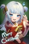  1girl :d blue_eyes blurry christmas depth_of_field gawr_gura heart highres hololive hololive_english lerome looking_at_viewer merry_christmas multicolored_hair santa_costume sharp_teeth silver_hair simple_background smile solo streaked_hair teeth two_side_up virtual_youtuber 