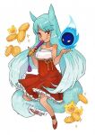  1girl animal_ears blue_hair cookie_run dress fox_ears fox_girl fox_tail gold_coin humanization image_sample kemushi_sama kumiho_cookie md5_mismatch multicolored_hair personification pixiv_sample red_eyes resolution_mismatch sleeveless sleeveless_dress smile solo source_larger tail 