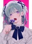  1girl achiki bangs blush candy dress earrings fangs food hair_ribbon hand_up highres jewelry lollipop looking_at_viewer medium_hair nail_polish open_mouth portrait ribbon simple_background solo twintails 