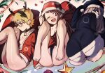  3girls antlers bell black_santa_costume blonde_hair breasts brown_hair christmas_ornaments freckles glasses hair_over_one_eye hat kagari_atsuko little_witch_academia long_hair lotte_jansson lying multiple_girls neck_bell on_back pale_skin red_eyes roropull santa_costume santa_hat short_hair smile sucy_manbavaran 