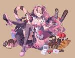  1girl ass bangs blush breasts brown_eyes cake candy candy_cane cleavage cookie demon demon_girl dress food fork frills fruit gin_(gin937) holding jewelry long_hair looking_at_viewer medium_breasts one_eye_closed open_mouth original pink_hair plate ring simple_background sitting smile solo strawberry thighhighs thighs twintails very_long_hair 