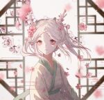  1girl architecture bangs blurry cherry_blossoms china_dress chinese_clothes depth_of_field dragon_girl dragon_horns dress east_asian_architecture egasumi hanfu head_fins horns japari_symbol long_sleeves looking_at_viewer medium_hair parted_bangs petals pink_eyes shadow solo wangzhe_rongyao white_hair yao yuku5 