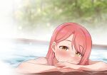  1girl absurdres bangs bath blush closed_mouth eyebrows_visible_through_hair head_rest highres koaraya long_hair looking_at_viewer love_live! love_live!_nijigasaki_high_school_idol_club nude onsen pink_hair smile solo swept_bangs uehara_ayumu wet yellow_eyes 