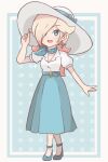  1girl :d alternate_costume blonde_hair blue_bow blue_eyes blue_footwear blue_skirt border bow chocomiru commentary earrings english_commentary eyebrows_visible_through_hair full_body hair_over_one_eye hands_up happy hat hat_bow high_heels jewelry long_hair long_skirt looking_at_viewer mario_(series) one_eye_covered open_mouth polka_dot polka_dot_background rosalina shirt shirt_tucked_in short_sleeves skirt smile solo sparkle standing star_(symbol) star_earrings super_mario_galaxy super_mario_odyssey white_border white_headwear white_shirt 