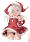 1girl :d alternate_costume black_panties blonde_hair blue_eyes blush breasts christmas collarbone cowboy_shot dress ebifurya elbow_gloves eyebrows_visible_through_hair gloves hair_between_eyes hat highres kantai_collection looking_at_viewer one-hour_drawing_challenge open_mouth panties red_dress red_gloves ro-500_(kancolle) santa_costume santa_hat simple_background small_breasts smile solo string_panties thighhighs twitter_username underwear white_background white_legwear 