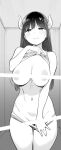  1girl bar_censor blush bra bra_lift breasts bright_pupils censored closed_mouth cowboy_shot demon_girl eyebrows_visible_through_hair greyscale hand_up highres horns large_breasts long_hair looking_at_viewer monochrome navel nora_higuma original panties panty_pull puffy_nipples smile solo sweat thigh_gap underwear white_pupils 