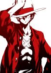  1boy closed_mouth hand_on_headwear harymachinegun hat male_focus monkey_d._luffy one_piece open_clothes open_shirt partially_colored scar scar_on_cheek scar_on_chest scar_on_face short_hair simple_background split_mouth standing straw_hat white_background 