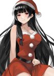  1girl absurdres bangs bare_arms bare_shoulders belt black_belt black_hair blunt_bangs blush breasts cleavage closed_mouth dress hair_ribbon hat highres hime_cut isokaze_(kancolle) kantai_collection long_hair looking_at_viewer medium_breasts narrow_waist red_dress red_eyes red_headwear ribbon santa_costume santa_dress santa_hat short_dress simple_background smile solo strapless strapless_dress toriniku_senshi_chikinman tress_ribbon very_long_hair white_background 