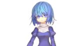  1girl bags_under_eyes bangs blue_dress blue_eyes blue_hair blue_theme blurry bob_cut breasts closed_mouth commentary dress expressionless juliet_sleeves long_sleeves looking_at_viewer medium_breasts oyama_yoihaya priest_(ragnarok_online) puffy_sleeves ragnarok_online shiny shiny_hair short_hair sidelocks simple_background solo standing white_background 
